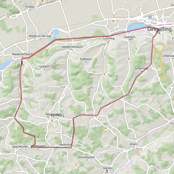 Karten-Miniaturansicht der Radinspiration "Kleine Graveltour um Dingolfing" in Niederbayern, Germany. Erstellt vom Tarmacs.app-Routenplaner für Radtouren