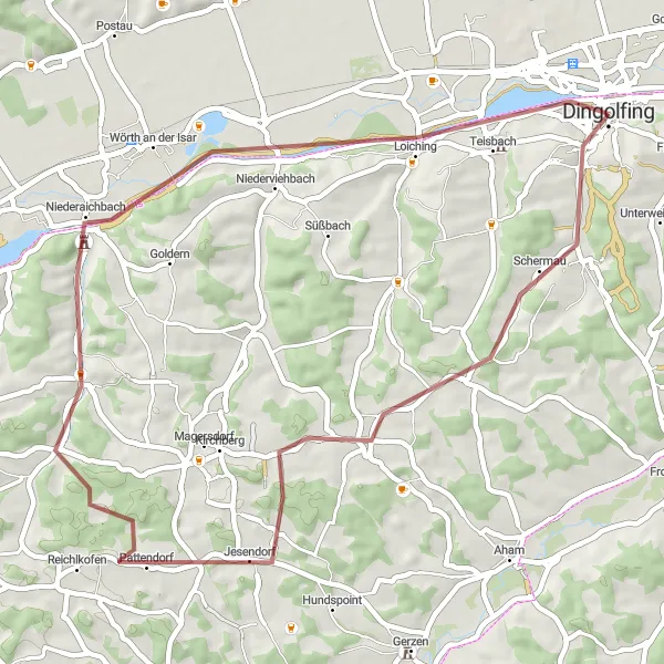 Map miniature of "Gravel Loop to Schermau and Wörth an der Isar" cycling inspiration in Niederbayern, Germany. Generated by Tarmacs.app cycling route planner