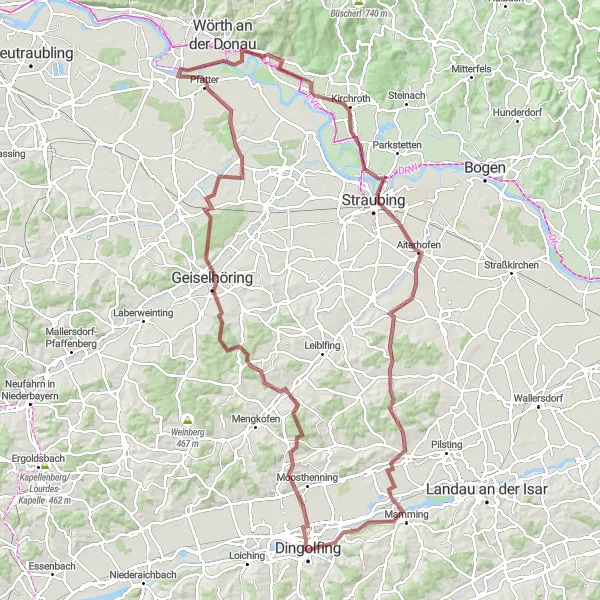 Map miniature of "Exploratory Gravel Route to Geiselhöring and Straubing" cycling inspiration in Niederbayern, Germany. Generated by Tarmacs.app cycling route planner