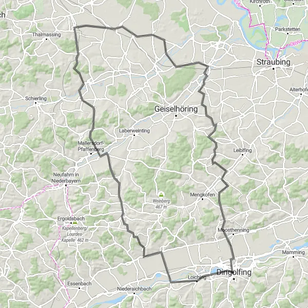 Map miniature of "Road Cycling Adventure to Weng and Hüttenkofen" cycling inspiration in Niederbayern, Germany. Generated by Tarmacs.app cycling route planner