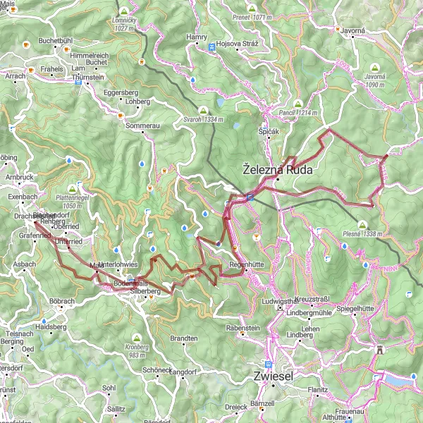Map miniature of "Unterried and Hahnenriegel Gravel Route" cycling inspiration in Niederbayern, Germany. Generated by Tarmacs.app cycling route planner
