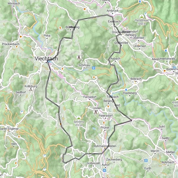 Map miniature of "Ochsenberg and Blossersberg Road Ride" cycling inspiration in Niederbayern, Germany. Generated by Tarmacs.app cycling route planner