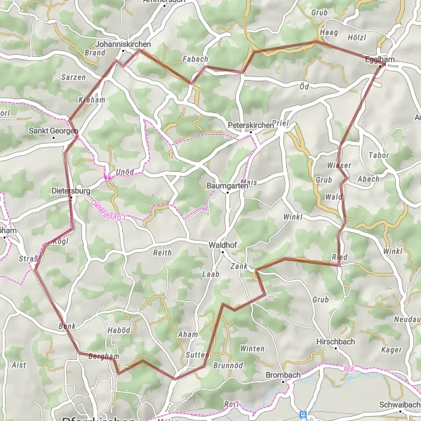 Karten-Miniaturansicht der Radinspiration "Gravel-Rundfahrt von Egglham nach Hoibach" in Niederbayern, Germany. Erstellt vom Tarmacs.app-Routenplaner für Radtouren