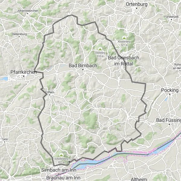 Map miniature of "The Rottal Valley Expedition" cycling inspiration in Niederbayern, Germany. Generated by Tarmacs.app cycling route planner