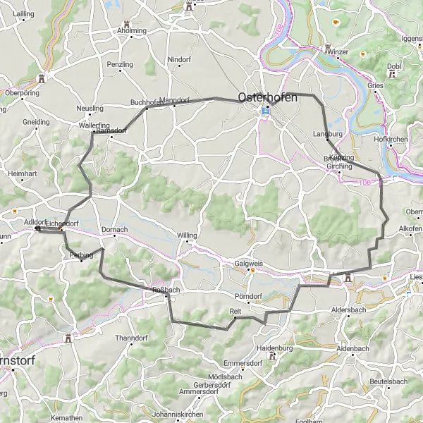 Karten-Miniaturansicht der Radinspiration "Entdeckungsreise um Eichendorf" in Niederbayern, Germany. Erstellt vom Tarmacs.app-Routenplaner für Radtouren