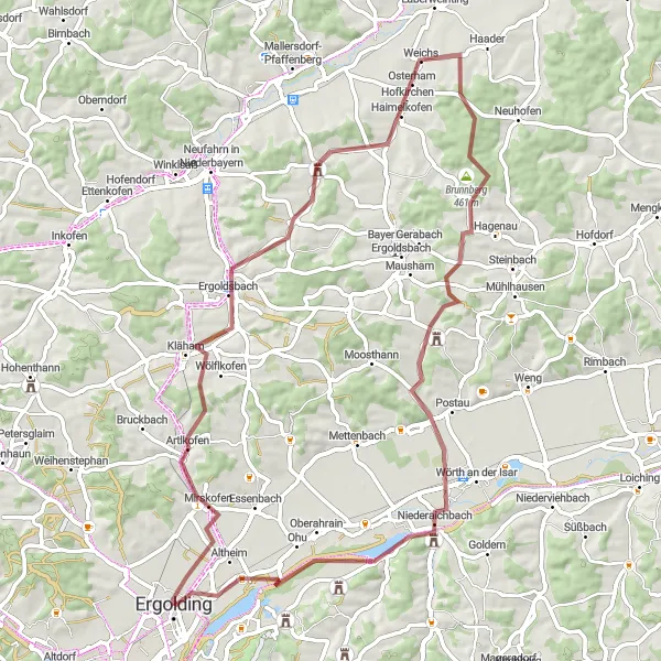 Map miniature of "Gravel Adventure in Ergolding" cycling inspiration in Niederbayern, Germany. Generated by Tarmacs.app cycling route planner