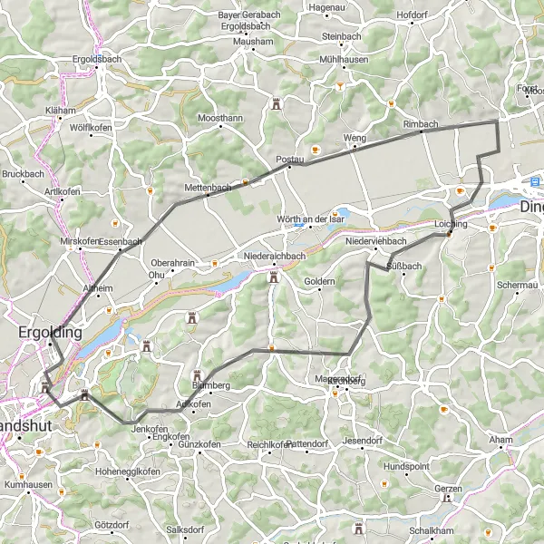 Map miniature of "The Ergolding Loop" cycling inspiration in Niederbayern, Germany. Generated by Tarmacs.app cycling route planner