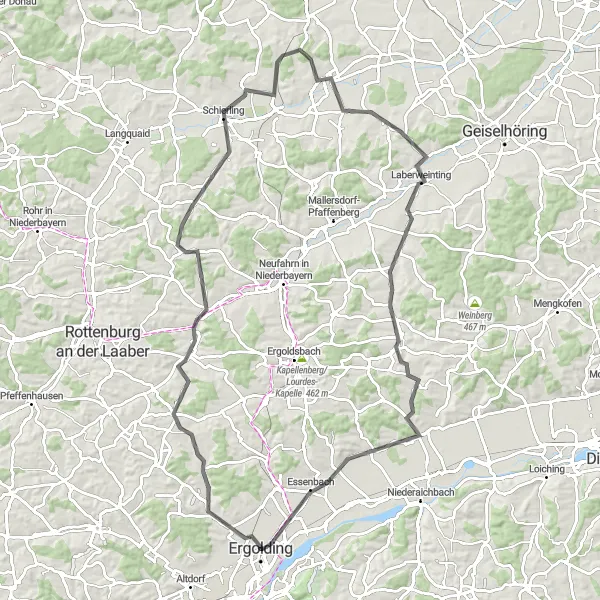 Map miniature of "Laberweinting Road Trail" cycling inspiration in Niederbayern, Germany. Generated by Tarmacs.app cycling route planner