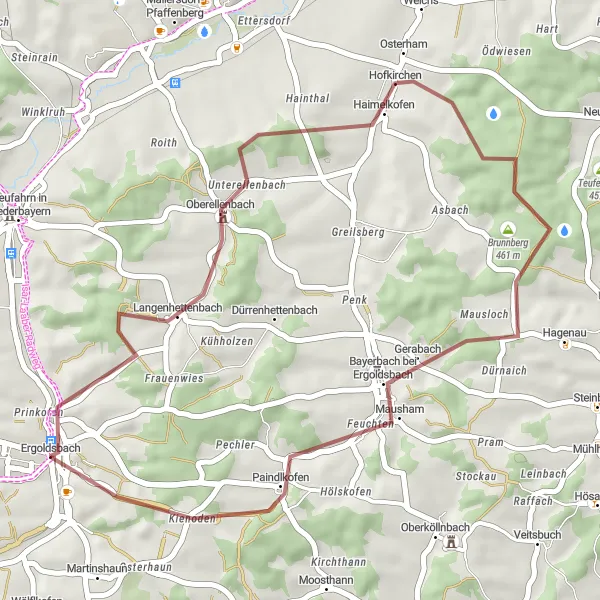 Map miniature of "Ergoldsbach Gravel Adventure" cycling inspiration in Niederbayern, Germany. Generated by Tarmacs.app cycling route planner