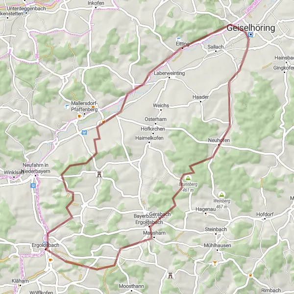 Karten-Miniaturansicht der Radinspiration "Gravelabenteuer um Ergoldsbach Teil 2" in Niederbayern, Germany. Erstellt vom Tarmacs.app-Routenplaner für Radtouren