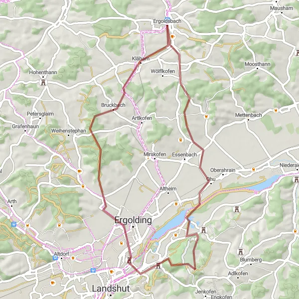 Karten-Miniaturansicht der Radinspiration "Rund um Ergoldsbach" in Niederbayern, Germany. Erstellt vom Tarmacs.app-Routenplaner für Radtouren