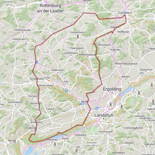 Karten-Miniaturansicht der Radinspiration "Panorama Tour rund um Ergoldsbach" in Niederbayern, Germany. Erstellt vom Tarmacs.app-Routenplaner für Radtouren