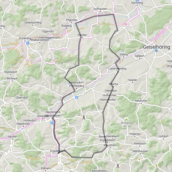 Karten-Miniaturansicht der Radinspiration "Rund um Ergoldsbach - Niederbayern Straßenrunde" in Niederbayern, Germany. Erstellt vom Tarmacs.app-Routenplaner für Radtouren