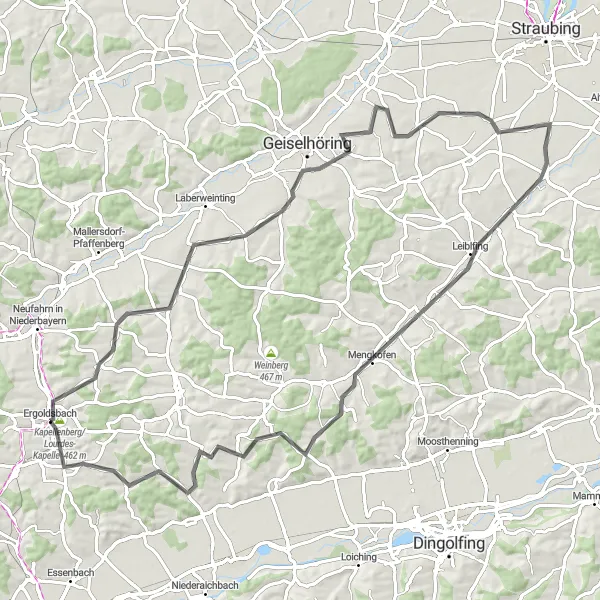 Karten-Miniaturansicht der Radinspiration "Die große Schleife um Ergoldsbach - Niederbayern Straßenrunde" in Niederbayern, Germany. Erstellt vom Tarmacs.app-Routenplaner für Radtouren