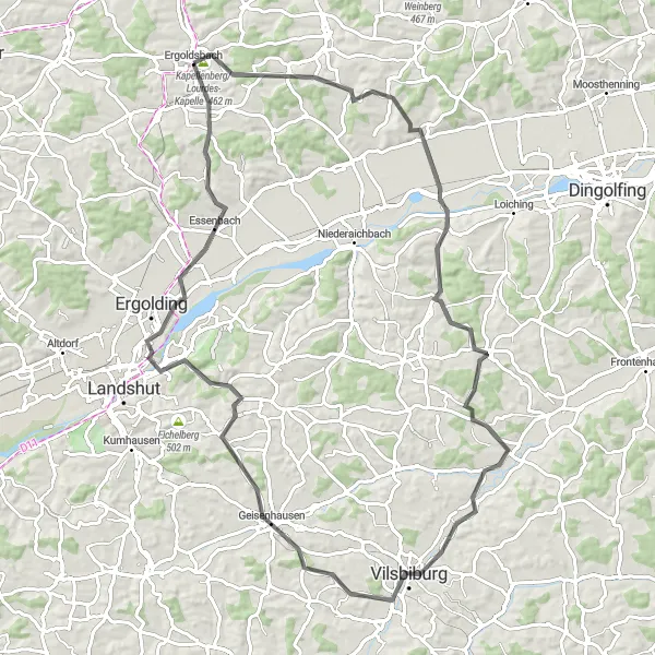 Map miniature of "Ergoldsbach to Vilsbiburg Loop" cycling inspiration in Niederbayern, Germany. Generated by Tarmacs.app cycling route planner