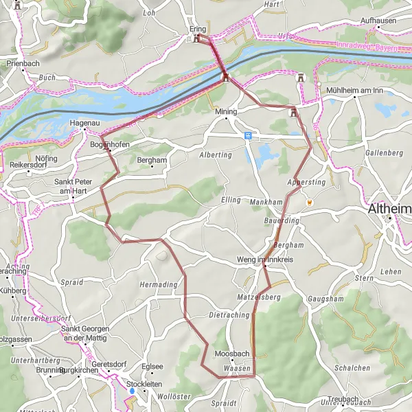 Map miniature of "Ering Countryside Escape" cycling inspiration in Niederbayern, Germany. Generated by Tarmacs.app cycling route planner