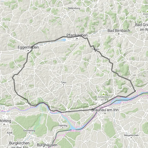 Map miniature of "Simbach Challenge" cycling inspiration in Niederbayern, Germany. Generated by Tarmacs.app cycling route planner