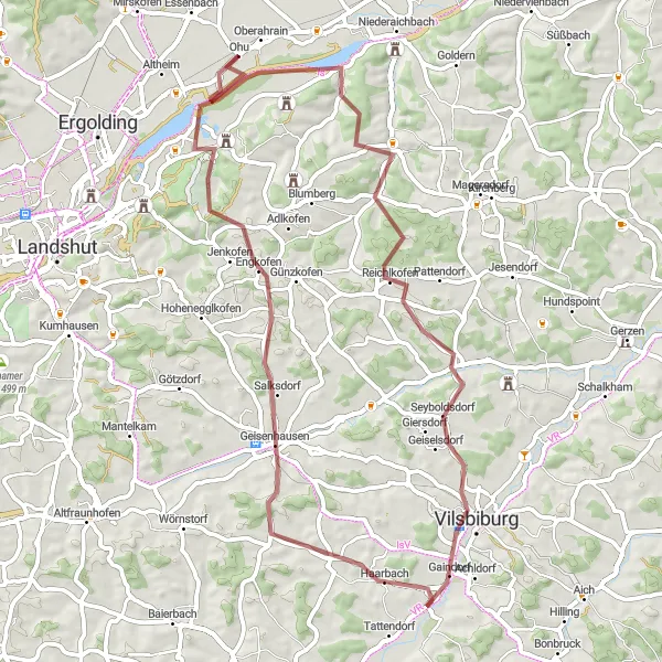 Map miniature of "Vilsbiburg Excursion" cycling inspiration in Niederbayern, Germany. Generated by Tarmacs.app cycling route planner