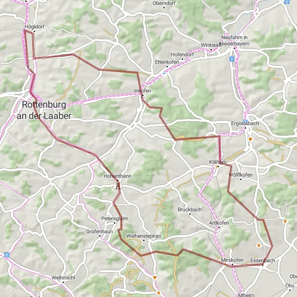 Karten-Miniaturansicht der Radinspiration "Abenteuerliche Gravel-Tour um Mirskofen" in Niederbayern, Germany. Erstellt vom Tarmacs.app-Routenplaner für Radtouren