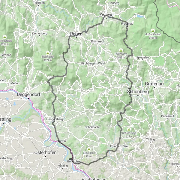 Map miniature of "Challenging Road Ride from Frauenau" cycling inspiration in Niederbayern, Germany. Generated by Tarmacs.app cycling route planner