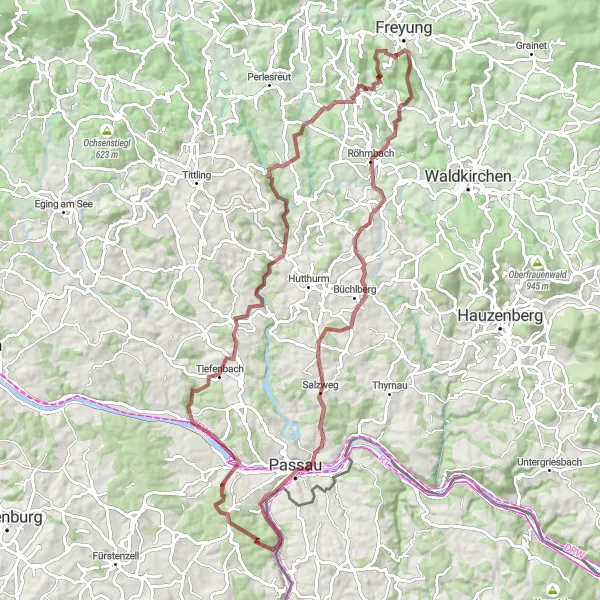 Map miniature of "Explore the Gravel Paths" cycling inspiration in Niederbayern, Germany. Generated by Tarmacs.app cycling route planner