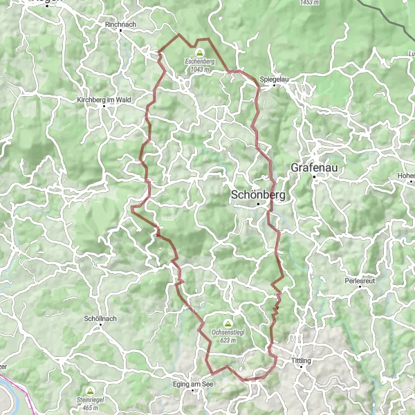 Map miniature of "Fürstenstein Gravel Loop" cycling inspiration in Niederbayern, Germany. Generated by Tarmacs.app cycling route planner