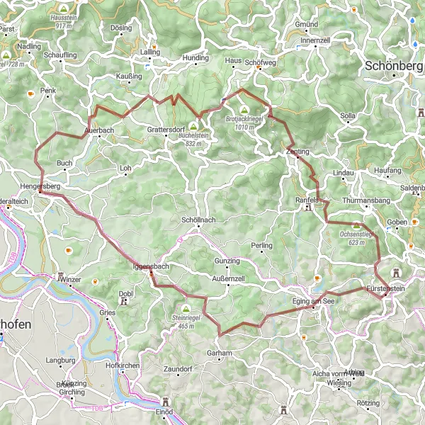 Map miniature of "Gravel Adventure to Eging am See" cycling inspiration in Niederbayern, Germany. Generated by Tarmacs.app cycling route planner