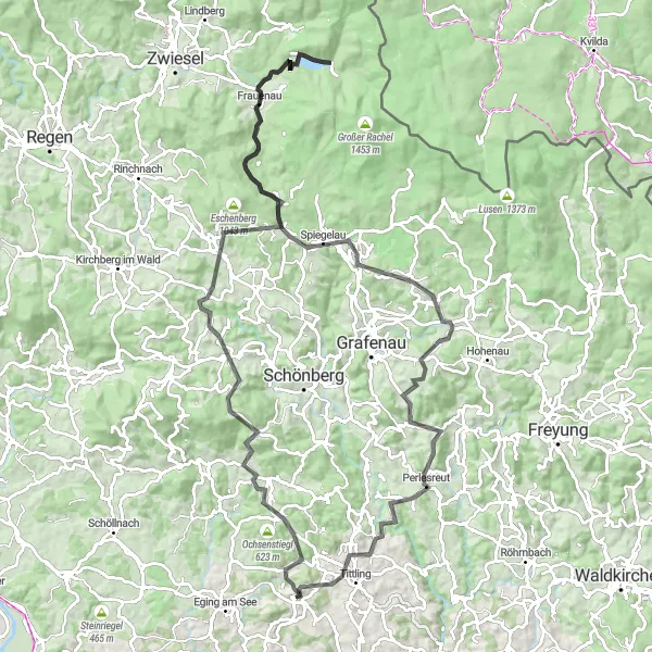 Map miniature of "Bavarian Forest Explorer" cycling inspiration in Niederbayern, Germany. Generated by Tarmacs.app cycling route planner