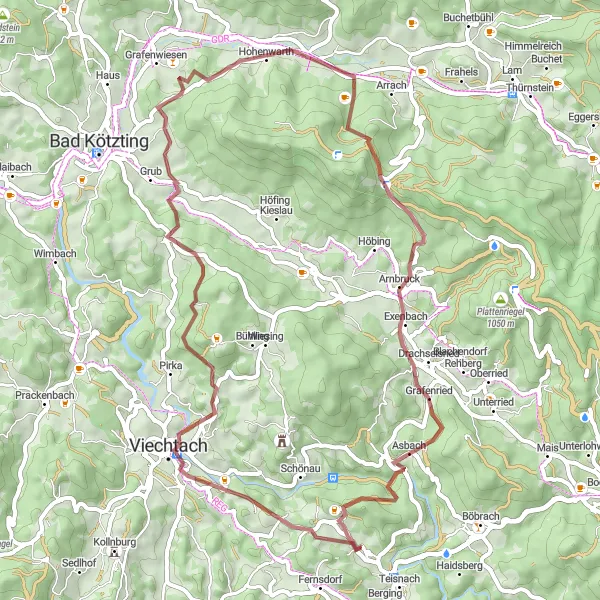 Map miniature of "Gravel Route - Geiersthal to Arnbruck via Burgruine Altnußberg" cycling inspiration in Niederbayern, Germany. Generated by Tarmacs.app cycling route planner