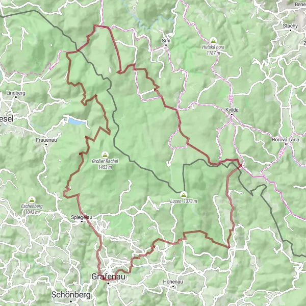 Map miniature of "Grafenau to Modrava and Back" cycling inspiration in Niederbayern, Germany. Generated by Tarmacs.app cycling route planner