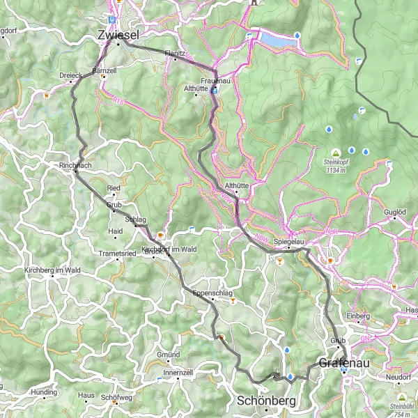 Map miniature of "Discovering the Hidden Gems of Niederbayern" cycling inspiration in Niederbayern, Germany. Generated by Tarmacs.app cycling route planner