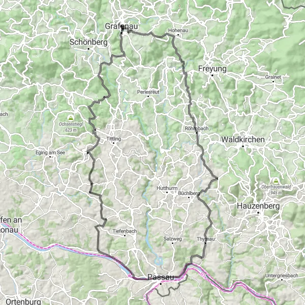 Map miniature of "Grafenau to Altbachhaus and Back" cycling inspiration in Niederbayern, Germany. Generated by Tarmacs.app cycling route planner