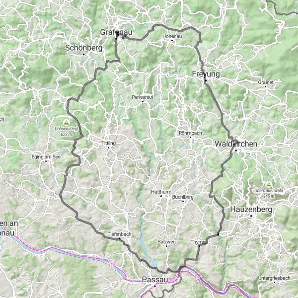 Map miniature of "Hinter Wildnis: A Road Cycling Epic" cycling inspiration in Niederbayern, Germany. Generated by Tarmacs.app cycling route planner