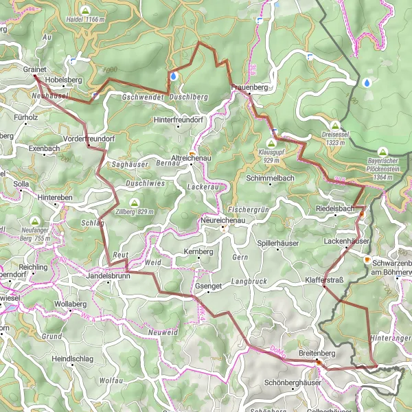 Map miniature of "Frauenberg Gravel Escape" cycling inspiration in Niederbayern, Germany. Generated by Tarmacs.app cycling route planner