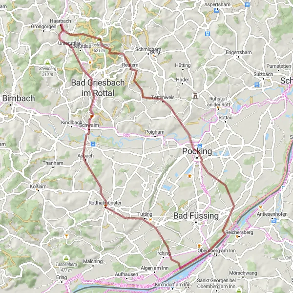 Map miniature of "Exploring Haarbach's Gravel Paths" cycling inspiration in Niederbayern, Germany. Generated by Tarmacs.app cycling route planner