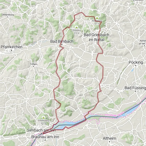 Map miniature of "Gravel Adventure: Niederbayern Highlights" cycling inspiration in Niederbayern, Germany. Generated by Tarmacs.app cycling route planner