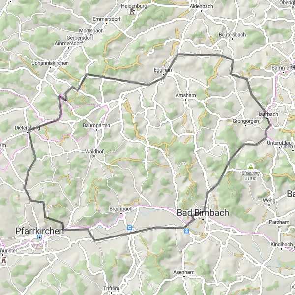 Map miniature of "Haarbach to Egglham Road Cycling Route" cycling inspiration in Niederbayern, Germany. Generated by Tarmacs.app cycling route planner