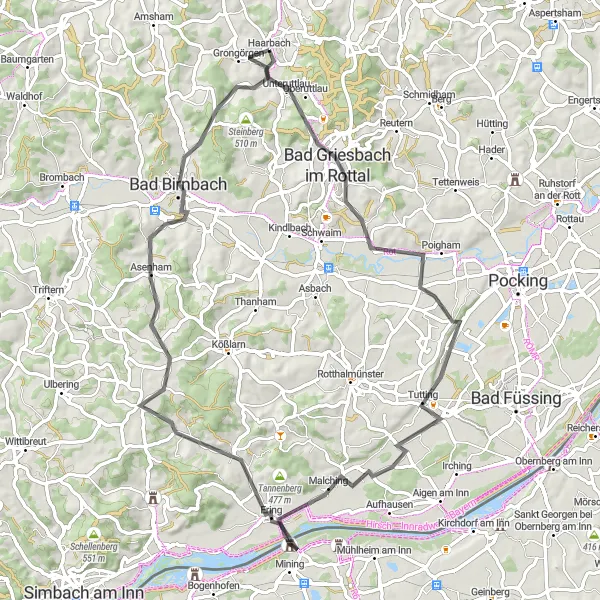 Map miniature of "The Haarbach Loop" cycling inspiration in Niederbayern, Germany. Generated by Tarmacs.app cycling route planner