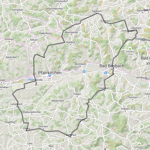 Map miniature of "Challenging Road Ride around Haarbach" cycling inspiration in Niederbayern, Germany. Generated by Tarmacs.app cycling route planner