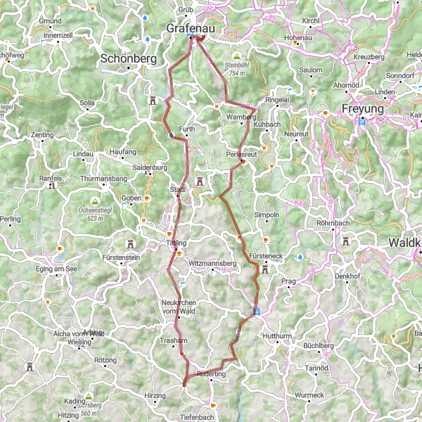 Karten-Miniaturansicht der Radinspiration "Geheimnisvolles Bärta und Perlesreut" in Niederbayern, Germany. Erstellt vom Tarmacs.app-Routenplaner für Radtouren