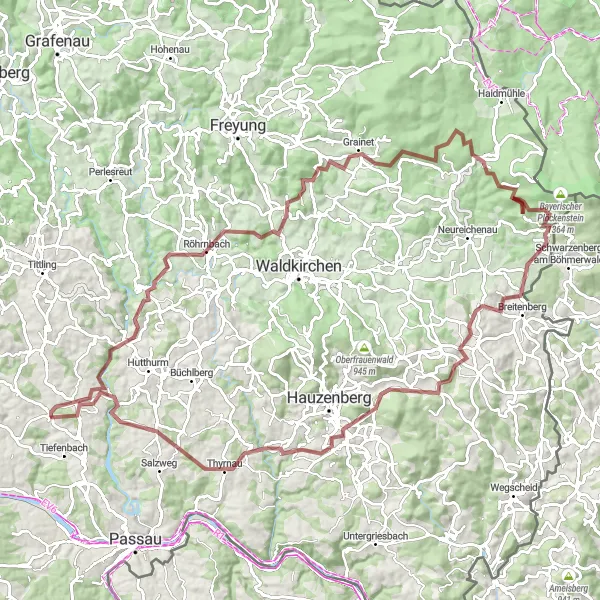 Map miniature of "Exploring Gravel Treasures" cycling inspiration in Niederbayern, Germany. Generated by Tarmacs.app cycling route planner