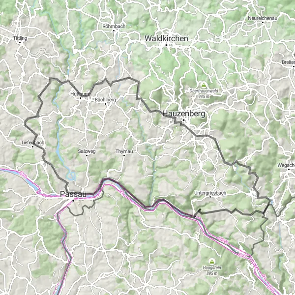 Map miniature of "Road to Scenic Splendor" cycling inspiration in Niederbayern, Germany. Generated by Tarmacs.app cycling route planner