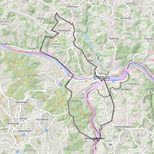 Map miniature of "Passau Loop" cycling inspiration in Niederbayern, Germany. Generated by Tarmacs.app cycling route planner