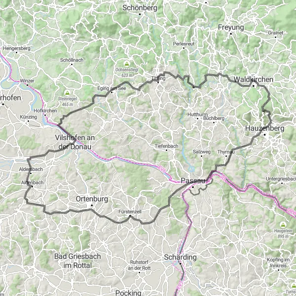 Map miniature of "The Great Bavarian Expedition" cycling inspiration in Niederbayern, Germany. Generated by Tarmacs.app cycling route planner