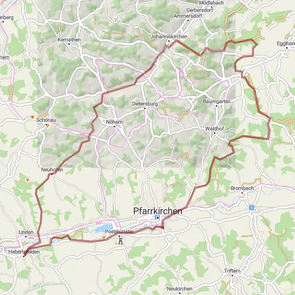 Map miniature of "Kraham Gravel Adventure" cycling inspiration in Niederbayern, Germany. Generated by Tarmacs.app cycling route planner