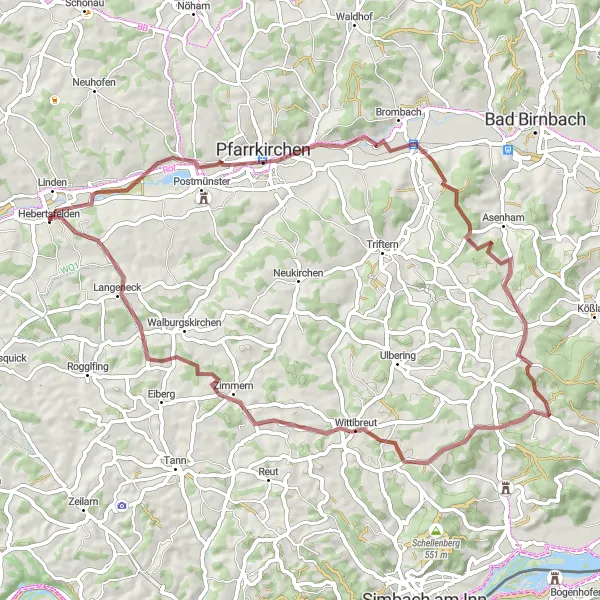 Map miniature of "Pfarrkirchen and Beyond (Gravel)" cycling inspiration in Niederbayern, Germany. Generated by Tarmacs.app cycling route planner