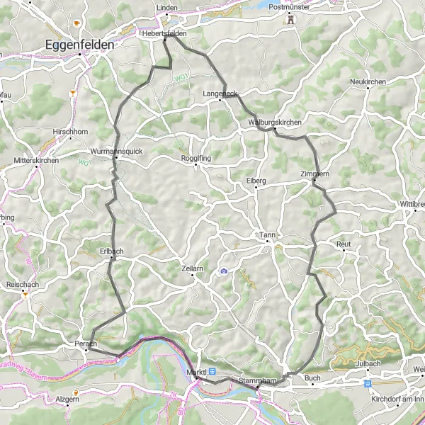 Map miniature of "Walburgskirchen Loop (Road)" cycling inspiration in Niederbayern, Germany. Generated by Tarmacs.app cycling route planner