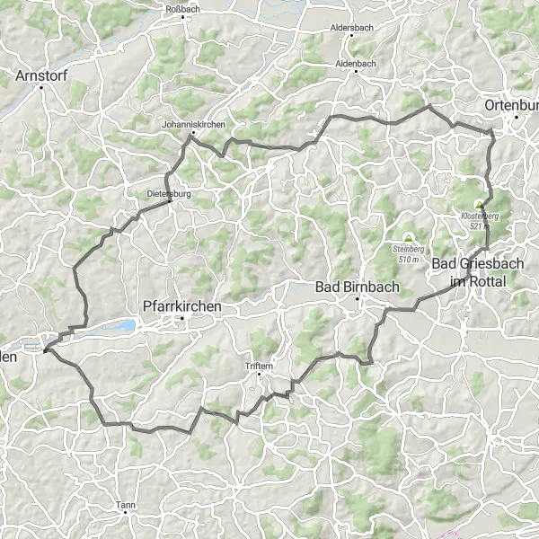 Map miniature of "The Hidden Treasures Tour" cycling inspiration in Niederbayern, Germany. Generated by Tarmacs.app cycling route planner