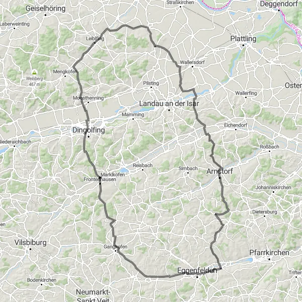 Map miniature of "The Bavarian Countryside Route" cycling inspiration in Niederbayern, Germany. Generated by Tarmacs.app cycling route planner