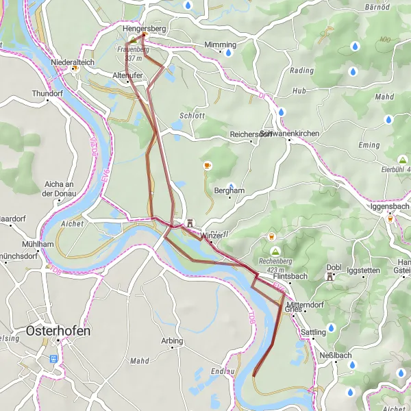 Map miniature of "Rechenberg and Hengersberg Gravel Loop" cycling inspiration in Niederbayern, Germany. Generated by Tarmacs.app cycling route planner